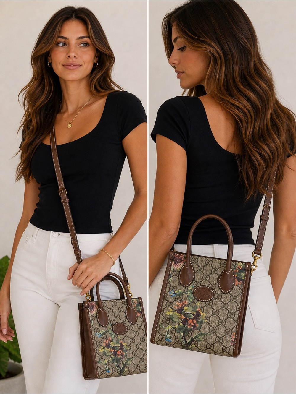 Designer-Inspired Floral GG Monogram Mini Tote - Brown